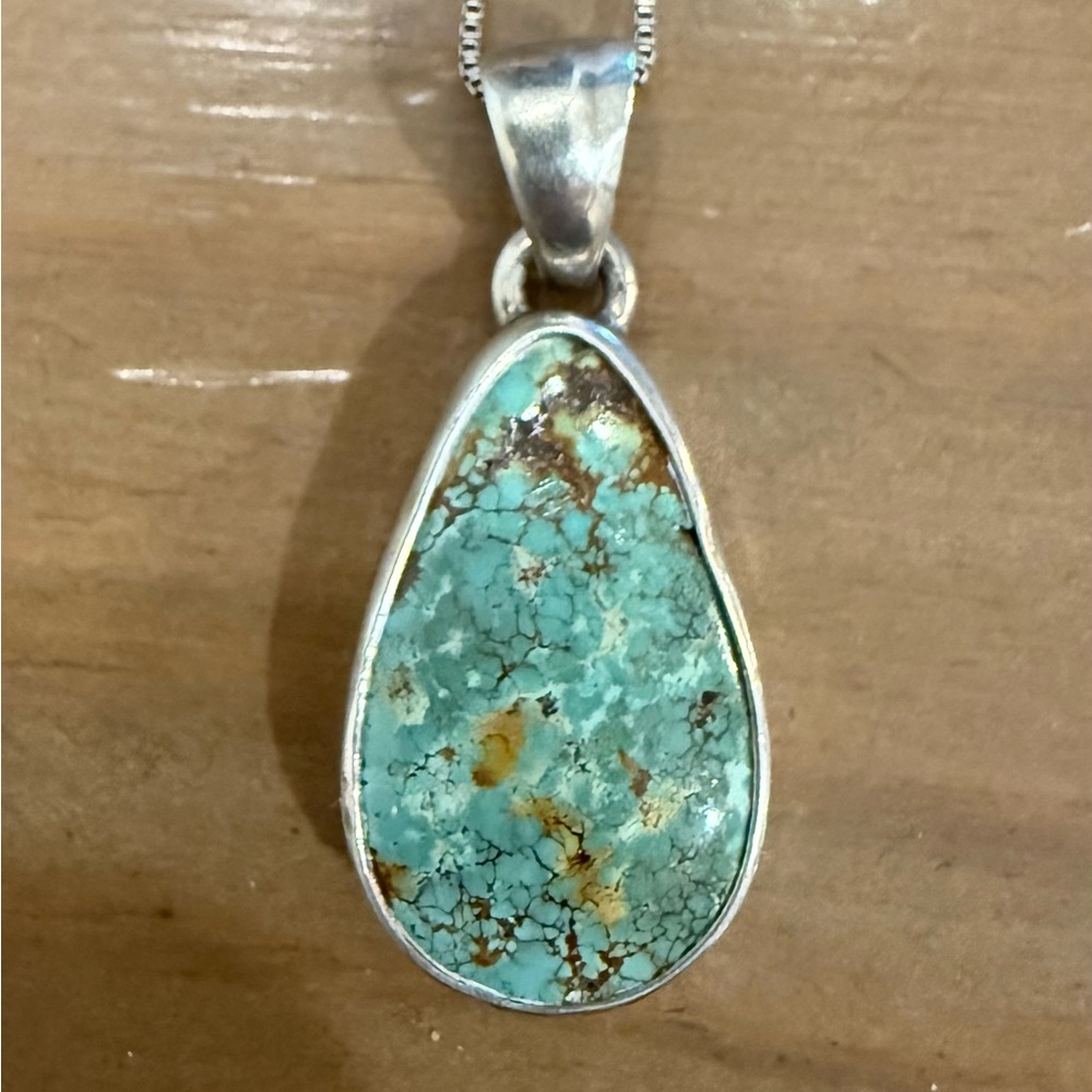 Spiderweb Royston Turquoise Teardrop Vintage Pendant “18 Sterling Italian Chain